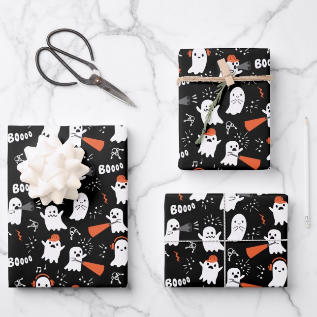 Happy Birthday Halloween Cute Ghost Pattern Wrapping Paper Sheets (Front)