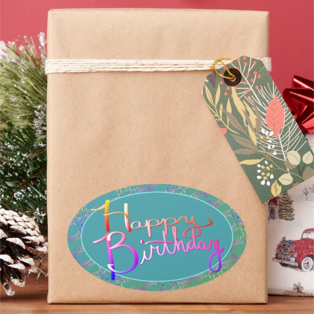 "Happy Birthday!" Hand-written Gradient Rainbow Oval Sticker (Holiday)