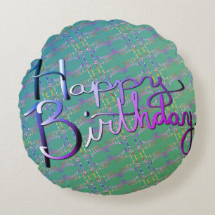 "Happy Birthday!" Hand-written Gradient Rainbow Round Pillow