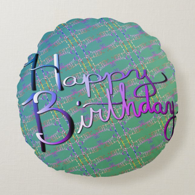 "Happy Birthday!" Hand-written Gradient Rainbow Round Pillow (Front)