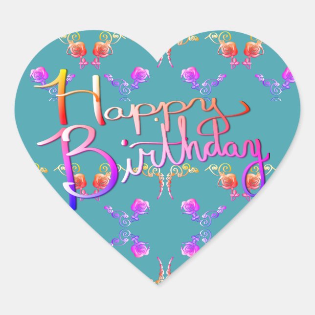 "Happy Birthday!"Hand-written Rose Hearts Heart Sticker (Front)