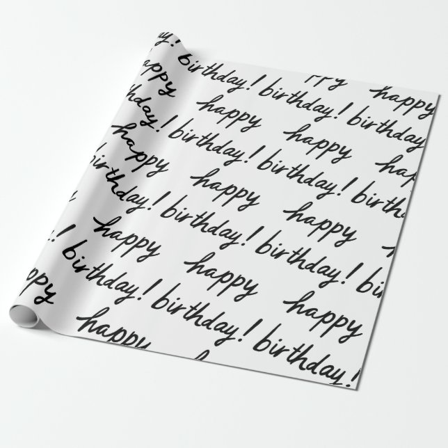 HAPPY BIRTHDAY Handlettering Pattern Black White Wrapping Paper (Unrolled)