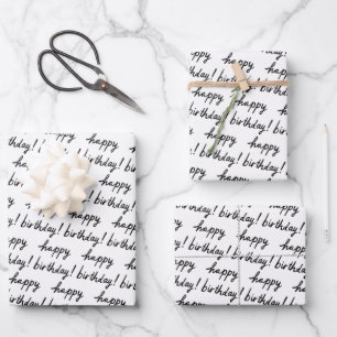 HAPPY BIRTHDAY Handlettering Pattern Black White Wrapping Paper Sheets