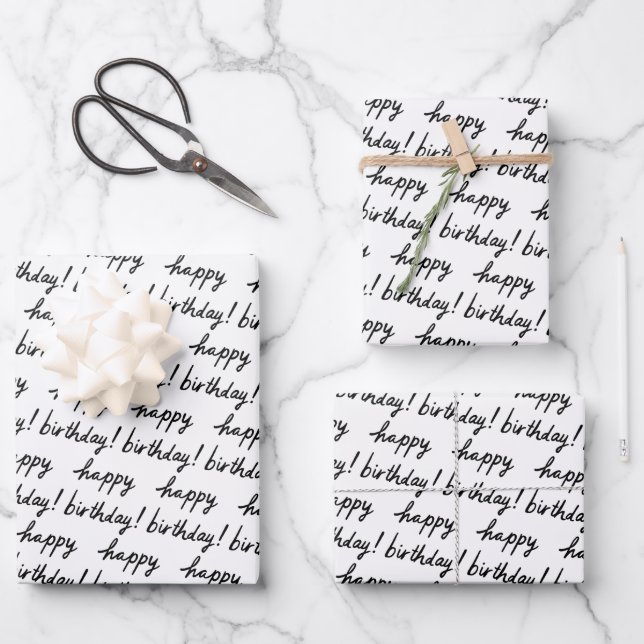 HAPPY BIRTHDAY Handlettering Pattern Black White Wrapping Paper Sheets (Front)