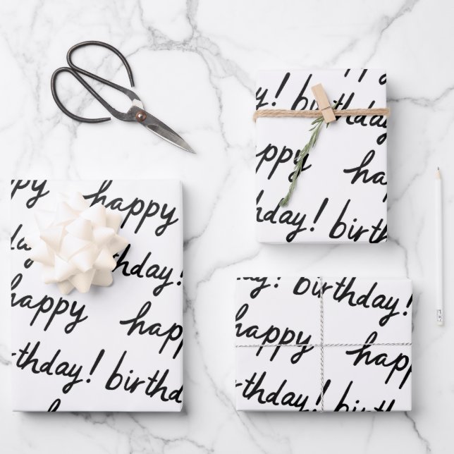 HAPPY BIRTHDAY Handlettering Pattern Black White Wrapping Paper Sheets (Front)