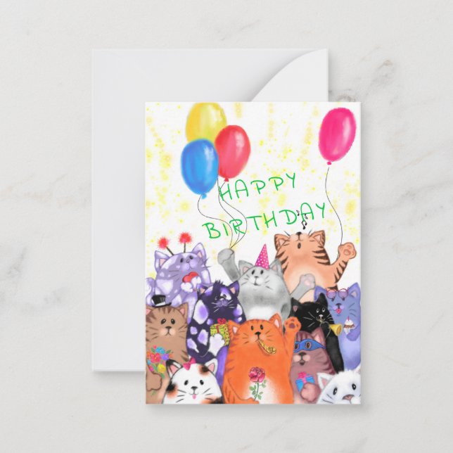 Happy Birthday - Happy Cat Party Cartoon Drawing Note Card (Front)