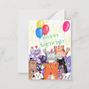 Happy Birthday - Happy Cat Party Cartoon Drawing Note Card