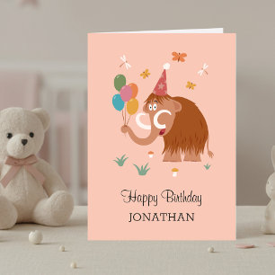 Happy Birthday Hat Cartoon Cute Mammoth Balloons Card