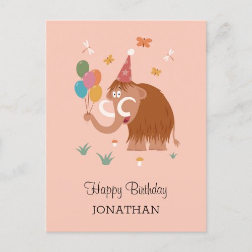 Happy Birthday Hat Cartoon Cute Mammoth Balloons Postcard
