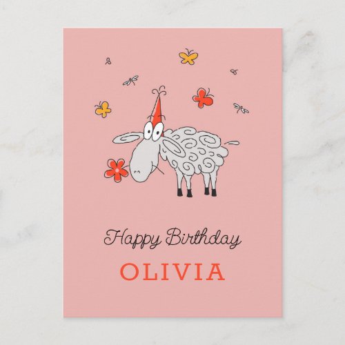 Happy Birthday Hat Cute Cartoon Sheep Flower Postcard