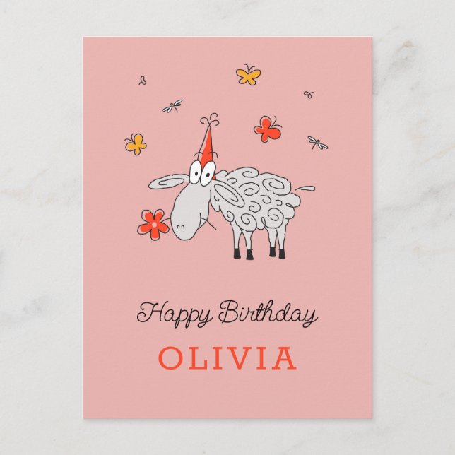 Happy Birthday Hat Cute Cartoon Sheep Flower Postcard (Front)