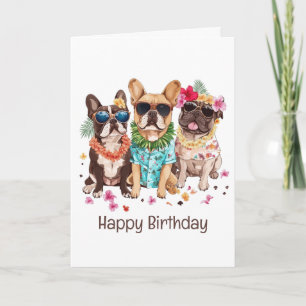 Happy Birthday Hawaiian French Bulldogs Flower Lei Card