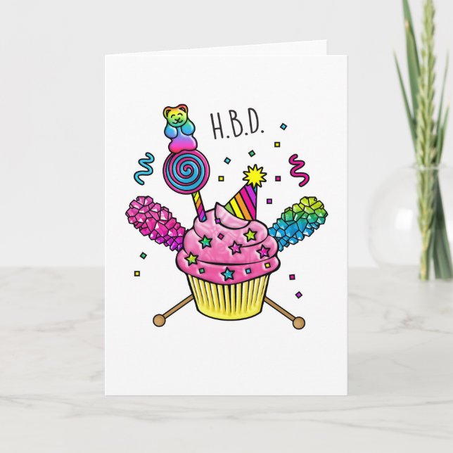 Happy Birthday HBD Gummy Bear Cupcake Card (Front)
