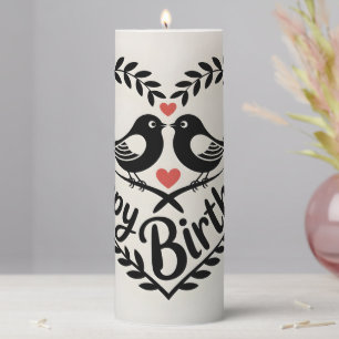 Happy Birthday Heart with Love Birds Graphic Pillar Candle