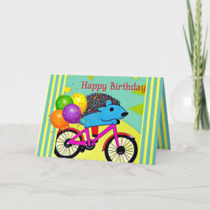 Happy Birthday Hedgehog Riding Bicycle Balloons Thank You Card