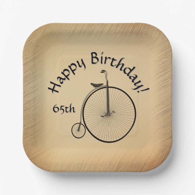 Happy Birthday High-Wheel Antique Bicycle Rustic  Paper Plates (Front)
