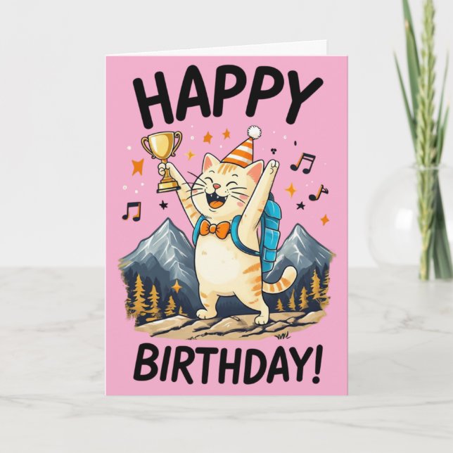 Happy Birthday Hiker Cat with Trophy & Peaks Card (Front)