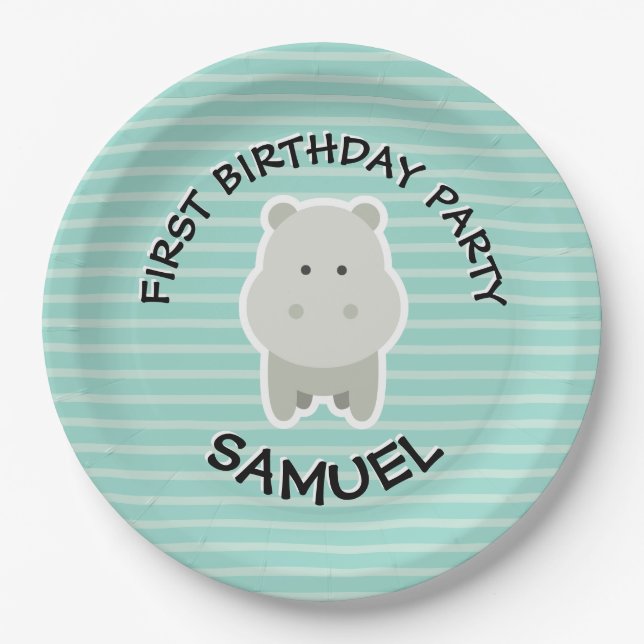 Happy Birthday Hippo Party Animals Paper Plates (Front)