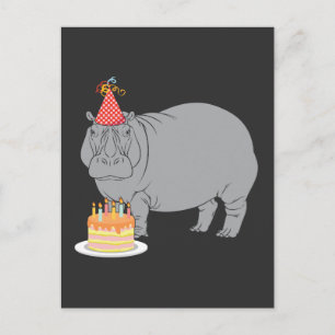 Happy Birthday Hippo Zoo Animal Party Hat Cake Postcard