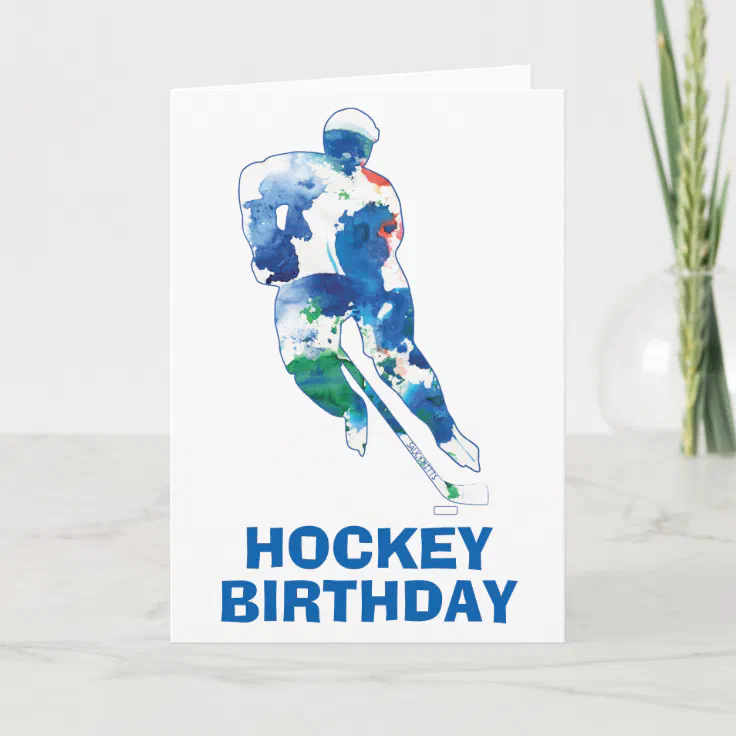 Happy Birthday Hockey Player Watercolor Card | Zazzle