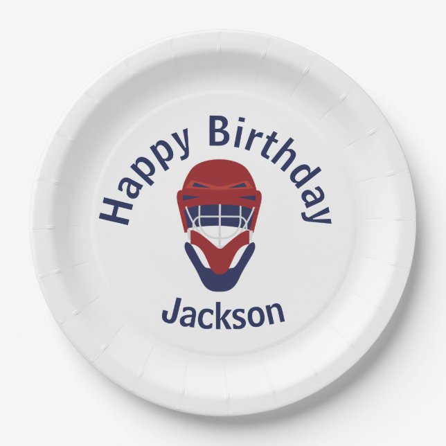 Happy Birthday Hockey Red & Blue Paper Plates (Front)