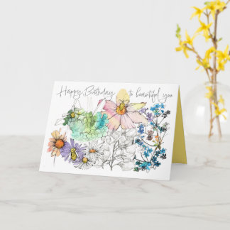 Happy Birthday Honeybees Watercolor Flowers  Card