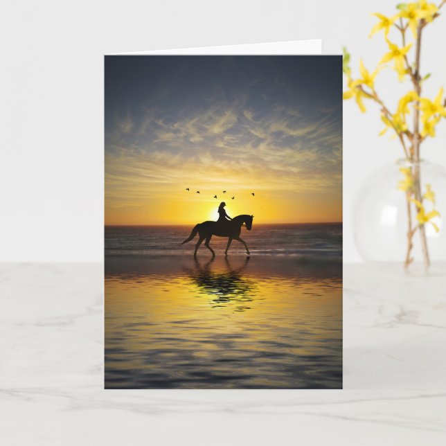 Happy Birthday Horse and Rider Beach Card (Yellow Flower)