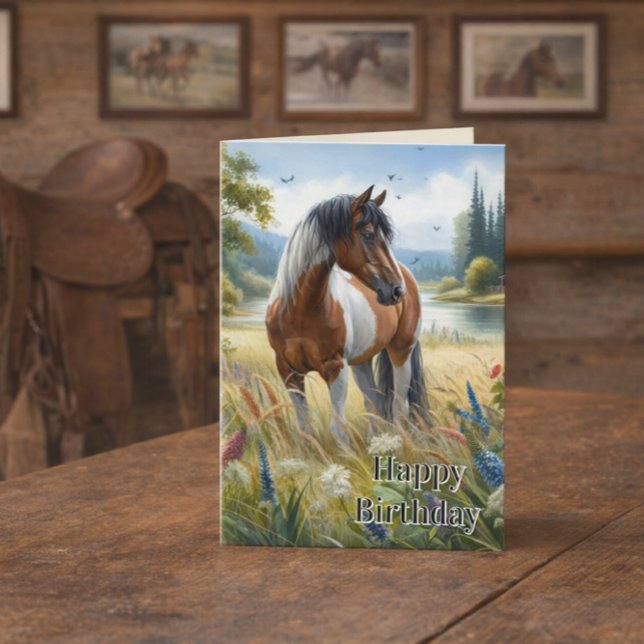 Happy Birthday Horse Lover Girl  Card (Western birthday card with horse in meadow, saddle and framed horse photos in rustic bunkhouse )