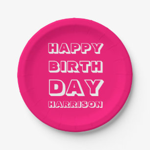 Happy Birthday hot pink custom name modern Paper Plates