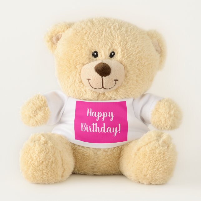 Happy Birthday Hot Pink Typography Birthday Teddy Bear (Front)