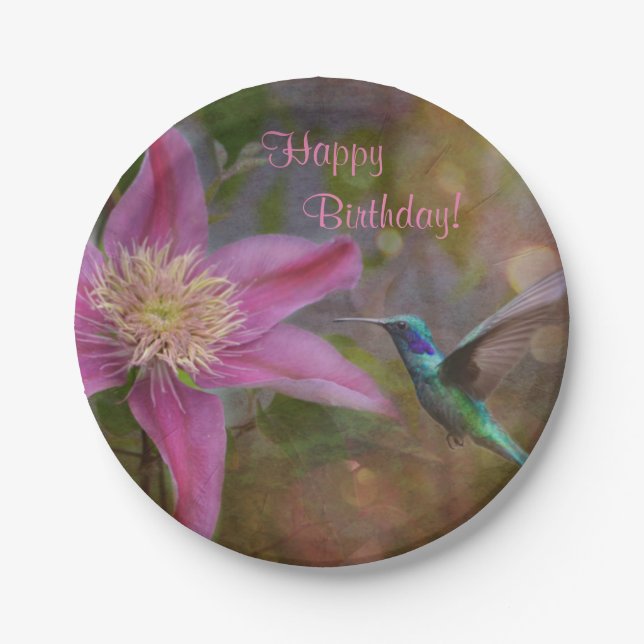 Happy Birthday Hummingbird Paper Plates (Front)