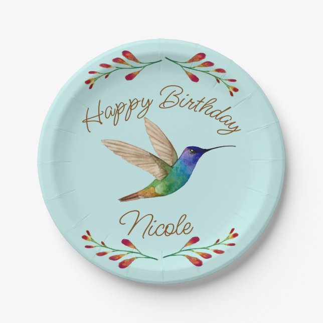 Happy Birthday Hummingbird Paper Plates (Front)