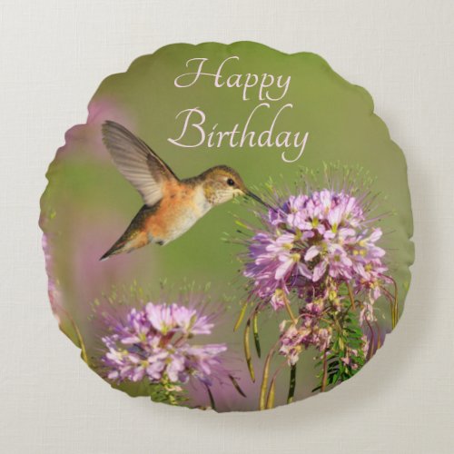 Happy Birthday Hummingbird Round Pillow