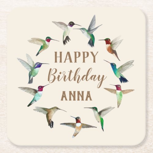 Happy Birthday Hummingbirds Custom   Square Paper Coaster