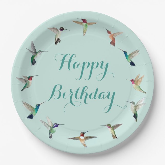 Happy Birthday Hummingbirds Paper Plates (Front)