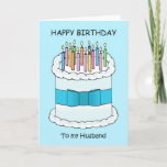 Happy Birthday Husband Cake and Candles Card<br><div class="desc">A cartoon of a large white birthday cake with a blue bow around it and many lit candles on top of it. The words 'Happy Birthday to my husband' accompany the image.</div>