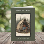 Happy Birthday Husband Rustic Camping Scene Card<br><div class="desc">Happy Birthday card for him. Happy Birthday To My Husband greeting above and below a watercolor illustration of a rustic camping scene. The centerpiece is a well-worn canvas tent set up in a forest clearing, with tall evergreen trees in the background. The campsite is filled with a variety of vintage...</div>