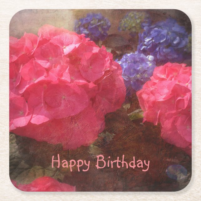 Happy Birthday Hydrangea Square Paper Coaster (Front)