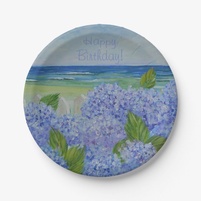 Happy Birthday Hydrangeas By The Sea Paper Plates (Front)