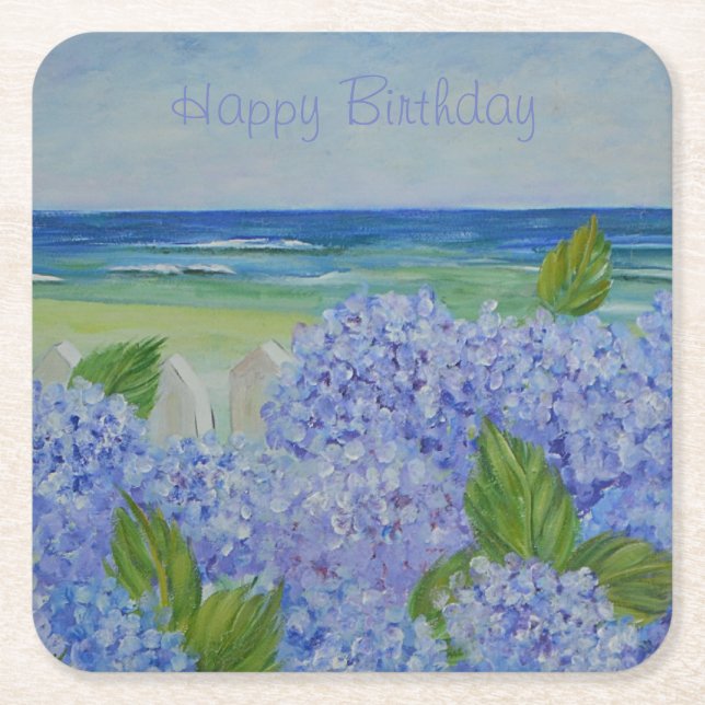 Happy Birthday Hydrangeas By The Sea Square Paper Coaster (Front)
