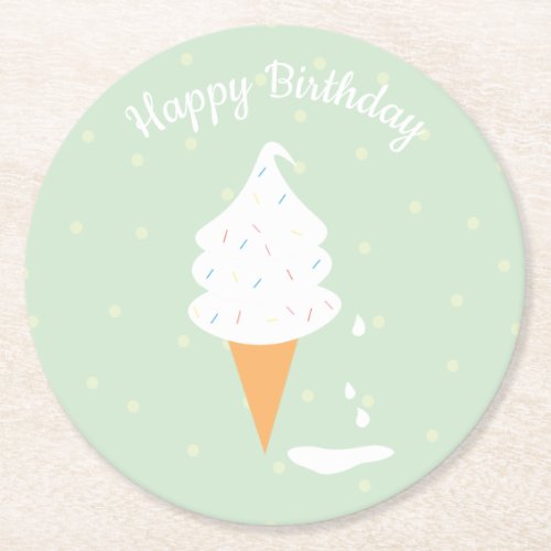 Happy Birthday Ice Cream Cone Sprinkles Polka Dots Round Paper Coaster