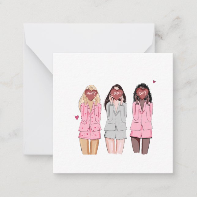 Happy birthday illustration pink girls  note card (Front)