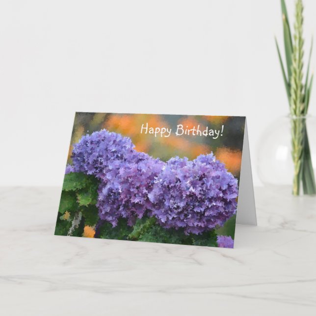 Happy Birthday Impressionistic Purple Hydrangea Holiday Card (Front)
