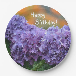 Happy Birthday Impressionistic Purple Hydrangea Paper Plates