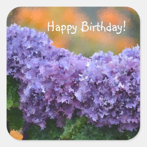 Happy Birthday Impressionistic Purple Hydrangea Square Sticker