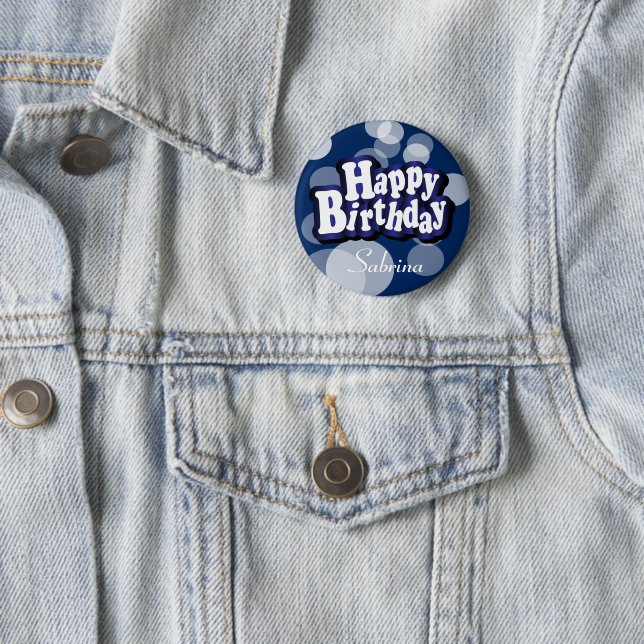 Happy Birthday in Dark Blue Bokeh Pinback Button (In Situ)