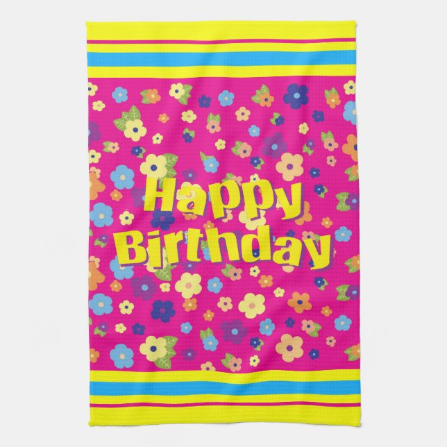 Happy Birthday in Flowers Kitchen Towel (Vertical)
