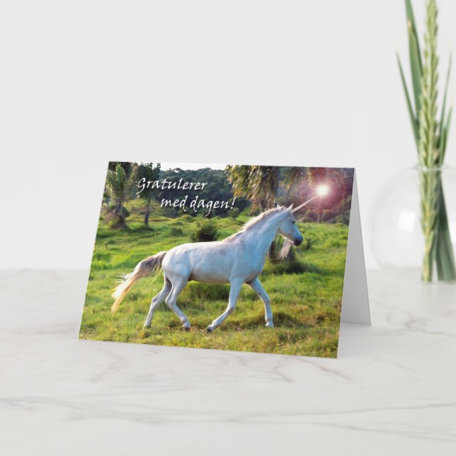 Happy Birthday in Norwegian, Magical Unicorn Card (Front)