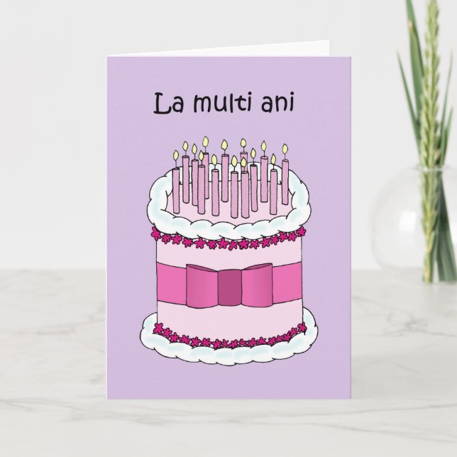 Happy Birthday in Romanian Cartoon Cake Card (Front)