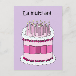 Happy Birthday in Romanian Cartoon Cake Postcard